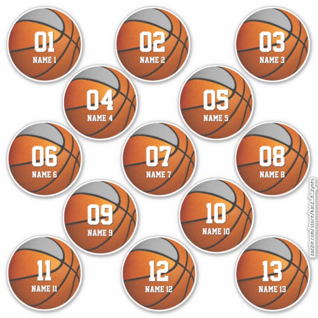 girls boys orange gray set of 13 basketball sticker (Front)