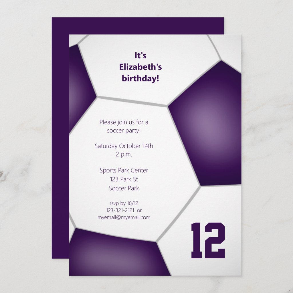 girls boys purple soccer birthday party sports invitation