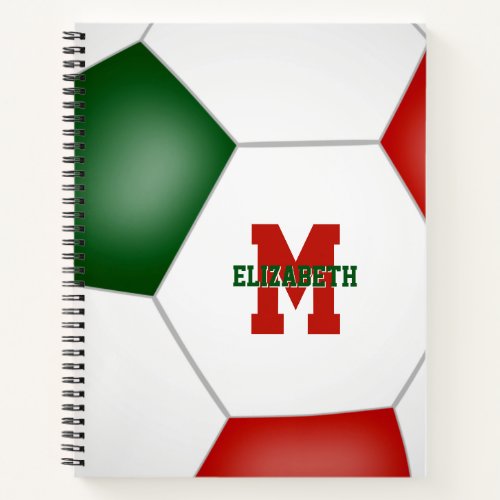 girls boys red green soccer team colors notebook