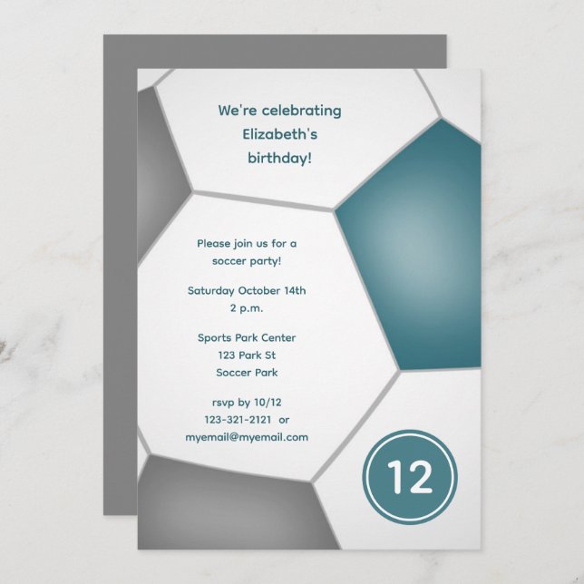 girls boys sports teal gray soccer birthday party invitation (Front/Back)