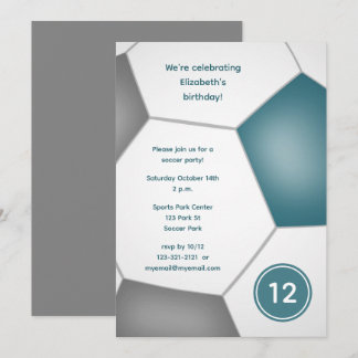 girls boys sports teal gray soccer birthday party invitation