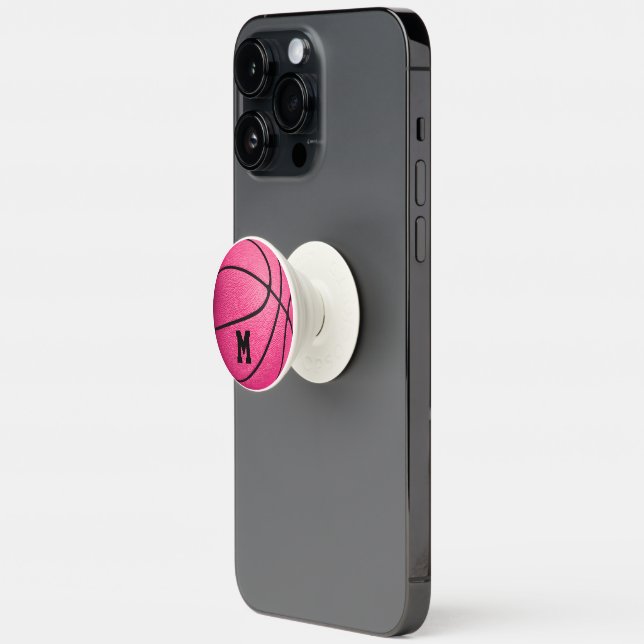 girls bright pink monogrammed basketball PopSocket (Open)