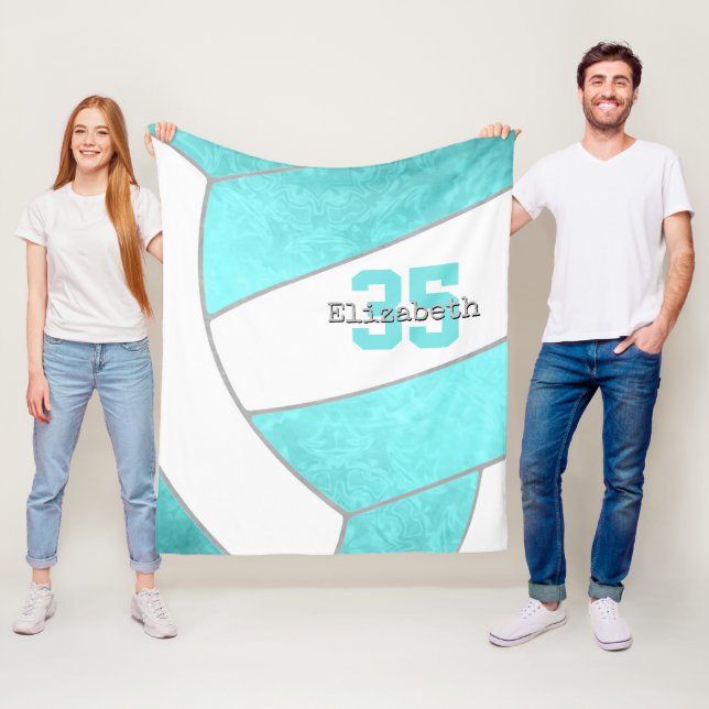 girls bright turquoise volleyball personalized  fleece blanket (In Situ)