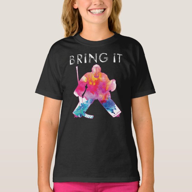 Girls Bring It Hockey Goalie Watercolor Dark T-Shirt (Front)