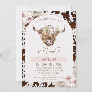 Girls Brown Highland Cow Cow Print Birthday Party Invitation
