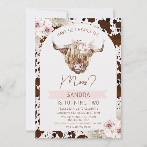 Girls Brown Highland Cow Cow Print Birthday Party Invitation