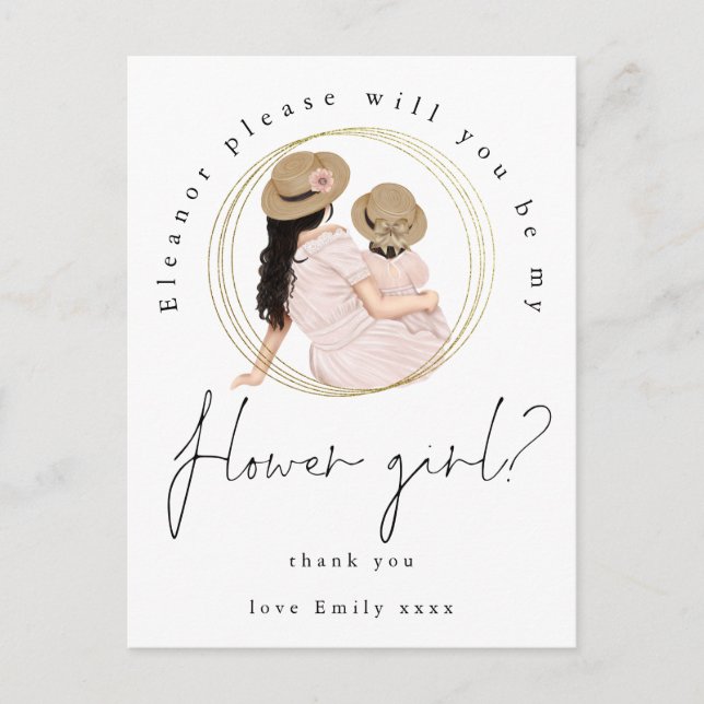 Girls Brunette Will You Be My Flower Girl Request Invitation Postcard (Front)