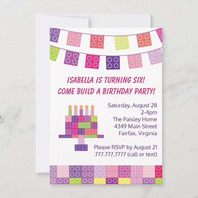 Girl's Building Bricks Blocks Birthday Party Invitation (Front)