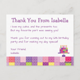 Girl's Building Bricks Blocks Birthday Thank You Postcard