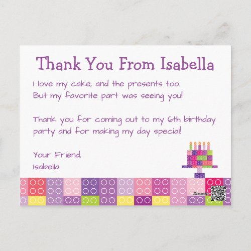 Girls Building Bricks Blocks Birthday Thank You Postcard