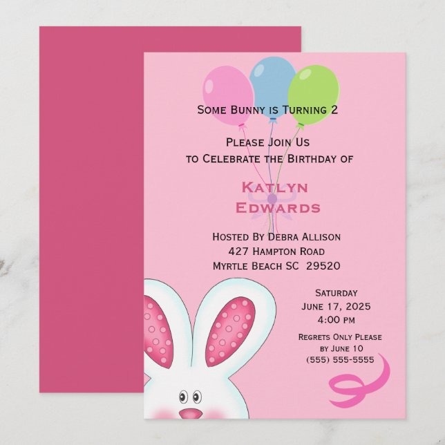 Girls Bunny Rabbit Birthday Invitation (Front/Back)