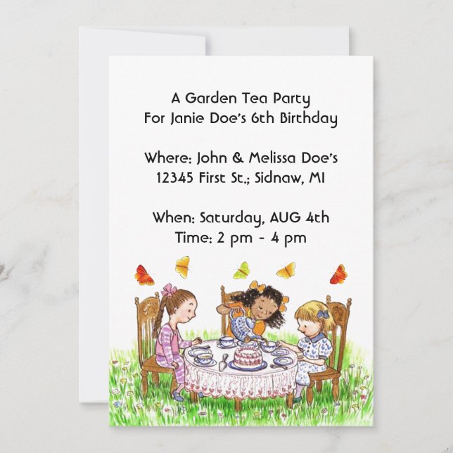 Girls & Butterflies Tea Party Garden Invitations (Front)