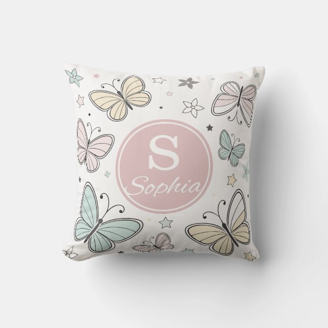 Girls Butterfly Monogram Cute Personalized gift Throw Pillow (Front)