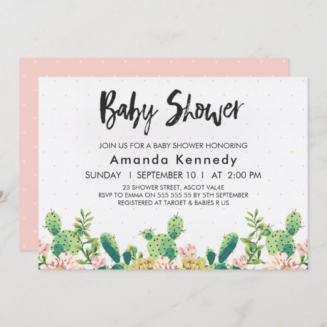 Girls Cactus or Fiesta baby Shower Invitation (Front/Back)