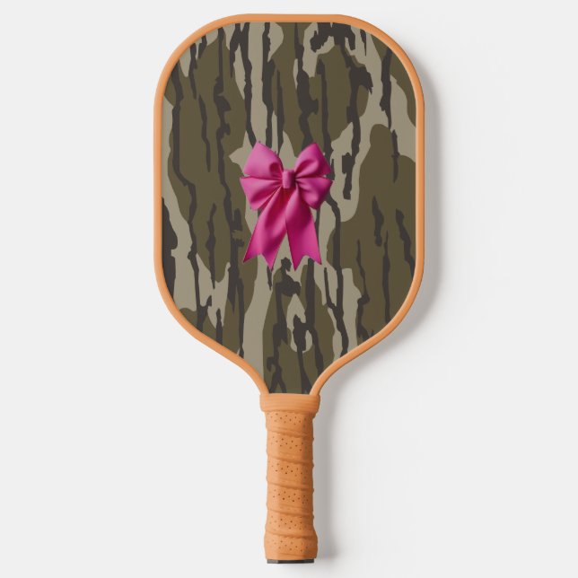 Girls Camo Pink Ribbon Bow Bottom Lands Camo Pickleball Paddle (Front)