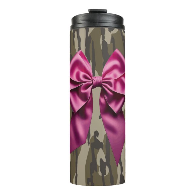 Girls Camo Pink Ribbon Bow Bottom Lands Camo Thermal Tumbler (Front)