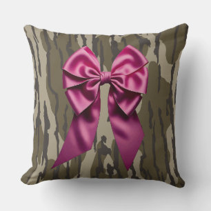 Girls Camo Pink Ribbon Bow Bottom Lands Camo Throw Pillow