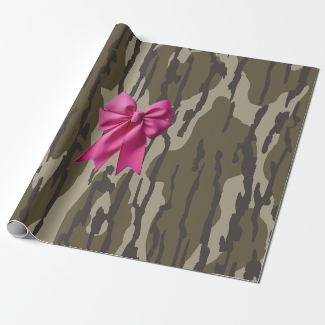 Girls Camo Pink Ribbon Bow Bottom Lands Camo Wrapping Paper (Unrolled)