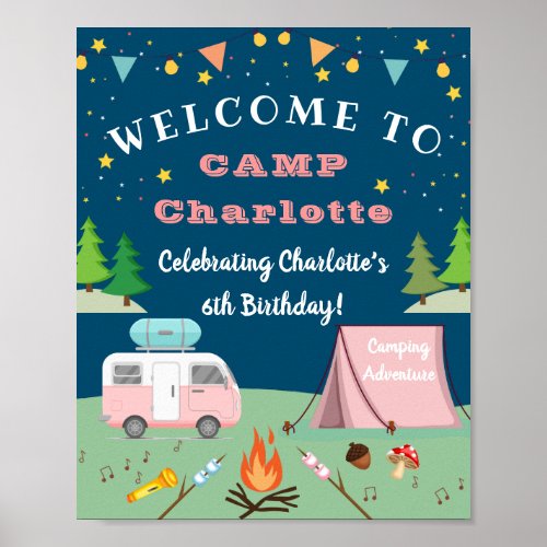 Girls Camping Birthday Camp Out Party Welcome Poster