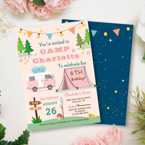Girls Camping Birthday Outdoors Camp Out Party Invitation