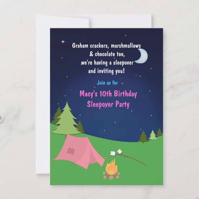Girls Camping Sleepover Birthday Party Invitation (Front)