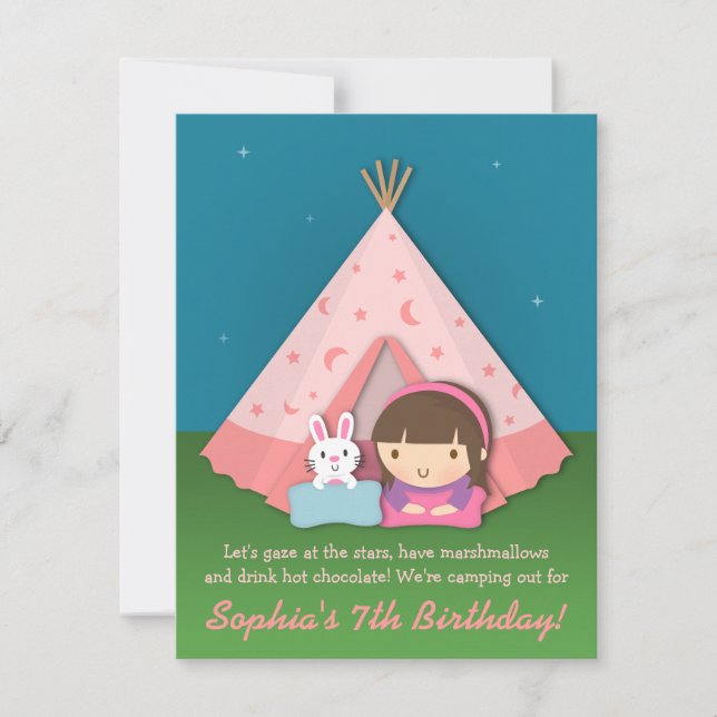 Girls Camping Sleepover Birthday Party invitations (Front)