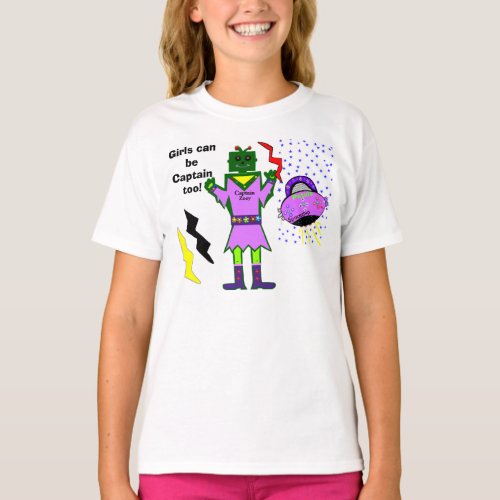 Girls Can Be Captain Too Robot Girl Pink Spaceship T_Shirt