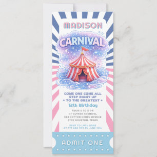 Girls Carnival Birthday Ticket Admit One Circus Invitation