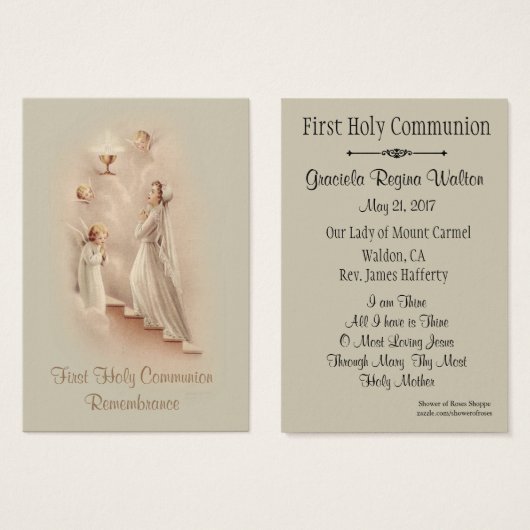 Girl's Catholic Holy Card for First Holy Communion (Front & Back)