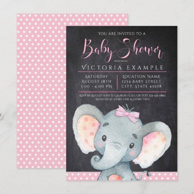 Girls Chalkboard Elephant Baby Shower Invitation (Front/Back)