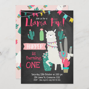Girls Chalkboard Llama Fun Birthday Invitation