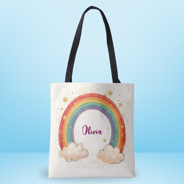 Girls'  Charming Rainbow with Glowing Stars Tote Bag (Creator Uploaded)