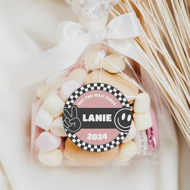 Girls' Checkered Skateboard Groovy Hippie Birthday Classic Round Sticker (Creator Uploaded)