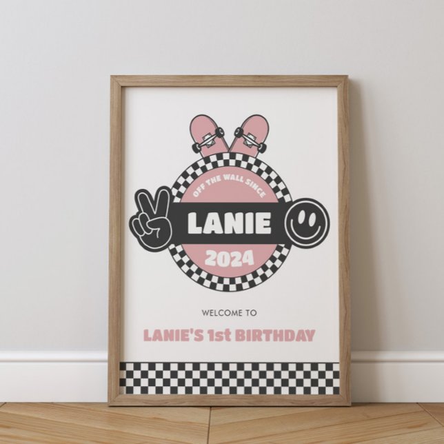 Girls' Checkered Skateboard Groovy Hippie Birthday Poster (Creator Uploaded)