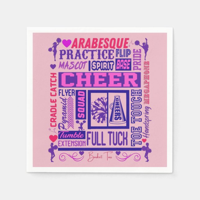 Girls Cheerleading Pink and Purple Word Art    Napkins (Front)
