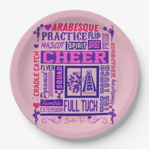 Girls Cheerleading Pink and Purple Word Art   Paper Plates