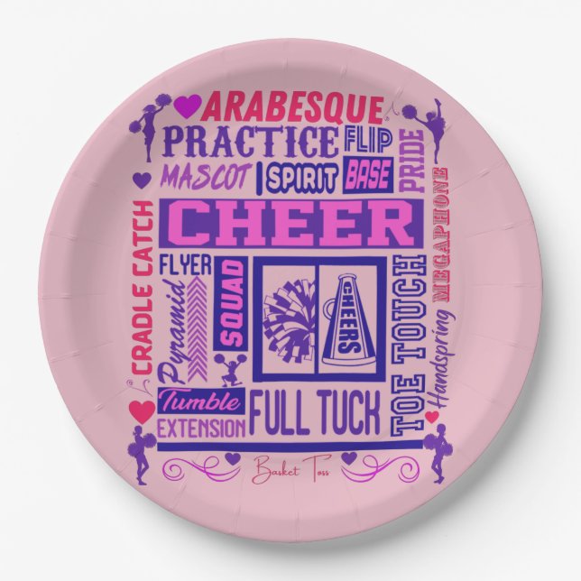 Girls Cheerleading Pink and Purple Word Art   Paper Plates (Front)