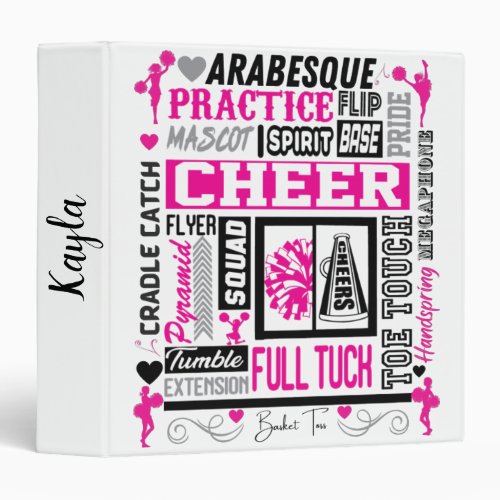 Girls Cheerleading Typography in Black and Pink   3 Ring Binder