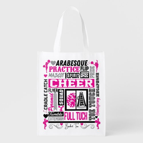 Girls Cheerleading Typography in Black and Pink   Grocery Bag