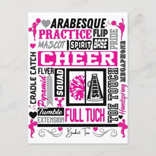 Girls Cheerleading Typography in Black and Pink  Holiday Postcard