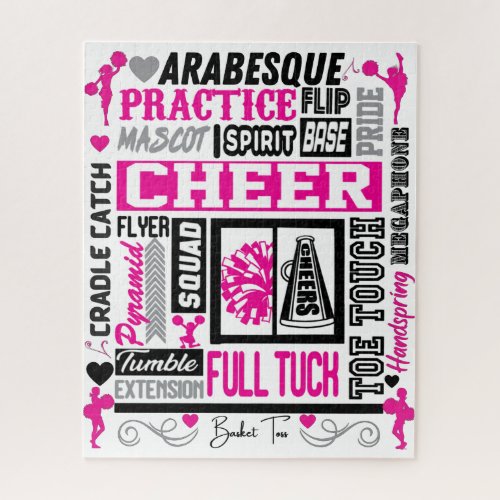 Girls Cheerleading Typography in Black and Pink  Jigsaw Puzzle