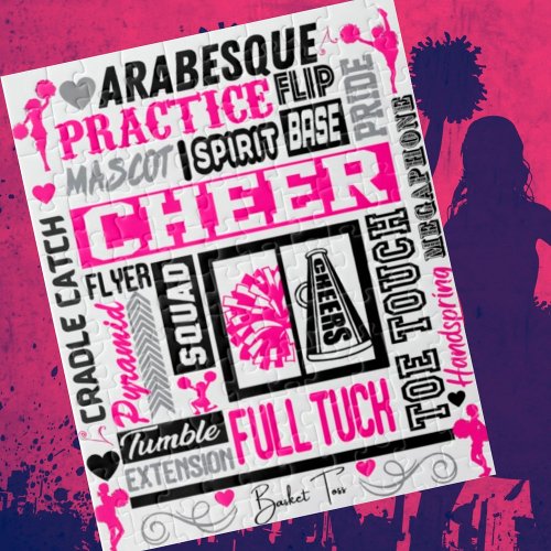 Girls Cheerleading Typography in Black and Pink  Jigsaw Puzzle