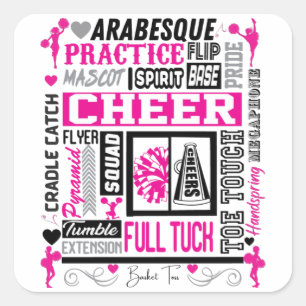 Girls Cheerleading Typography in Black and Pink Square Sticker