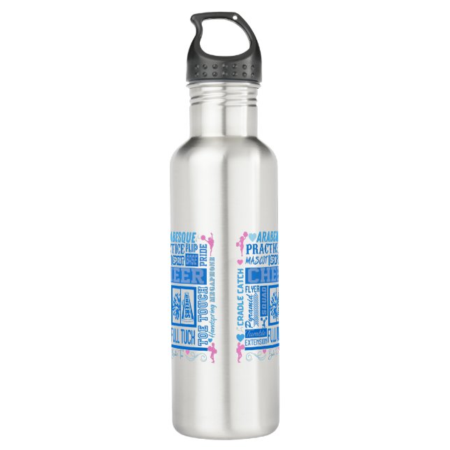 Girls Cheerleading Typography in Blue and Pink   Stainless Steel Water Bottle (Back)