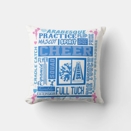 Girls Cheerleading Typography in Blue and Pink   Throw Pillow