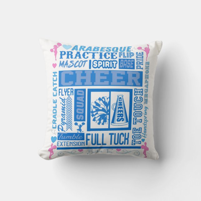 Girls Cheerleading Typography in Blue and Pink   Throw Pillow (Front)