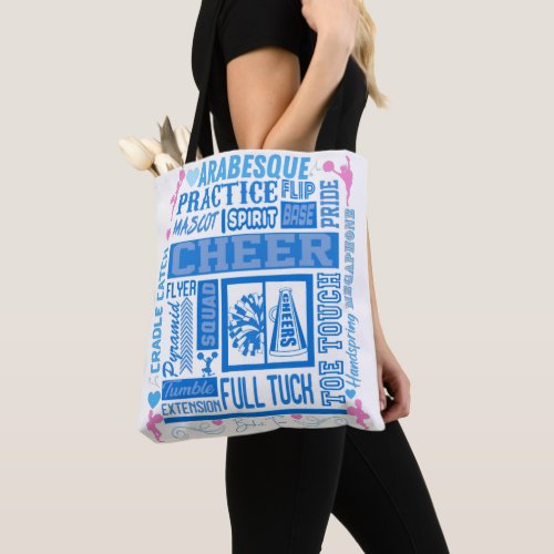 Girls Cheerleading Typography in Blue and Pink   Tote Bag
