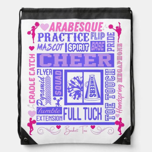 Girls Cheerleading Typography in Pink and Purple  Drawstring Bag