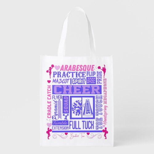 Girls Cheerleading Typography in Pink and Purple  Grocery Bag