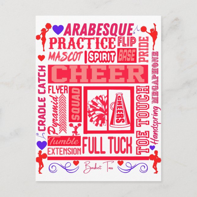 Girls Cheerleading Typography in Red  Postcard (Front)